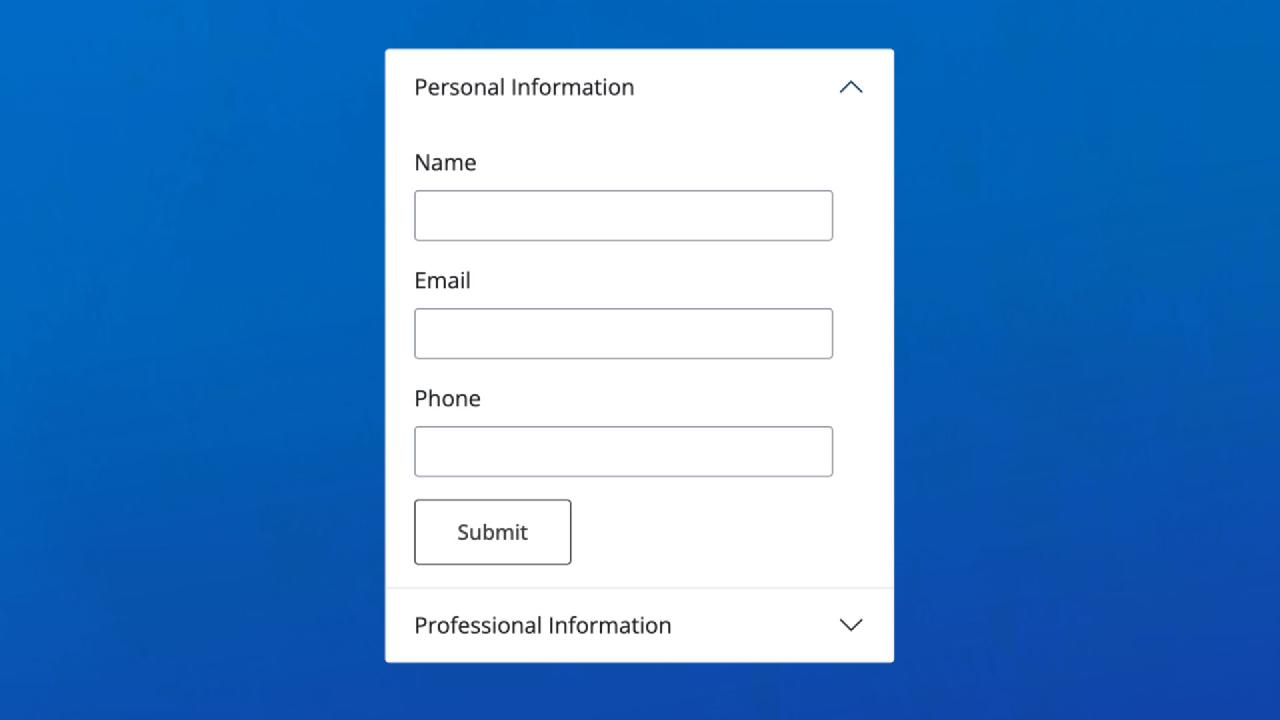 A Shiny form using an accordion: an open Personal Information section above a collapsed Professional Information section