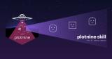 The plotnine hex logo on the left — a UFO over a starry sky beaming a violet tractor beam onto small data-visualization icons, labelled 'plotnine'. The beam extends across a dark, starlit canvas to three minimalist robot faces representing AI agents getting progressively happier. Wordmark on the right reads 'plotnine skill — for AI coding agents.'