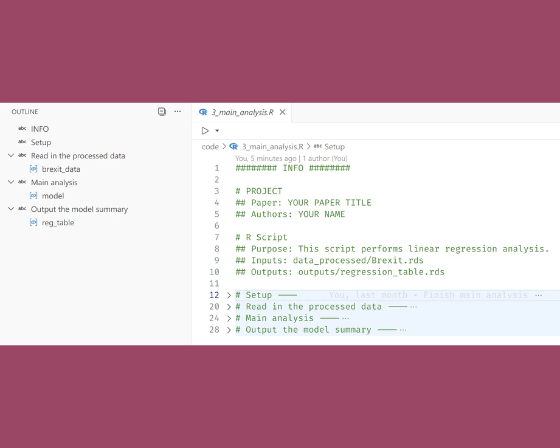 Screenshot of an RStudio code editor displaying a script titled 3_main_analysis.R. An outline on the left shows sections: INFO, Setup, Read in the processed data, Main analysis, and Output the model summary. The script header indicates it performs linear regression analysis on Brexit data.