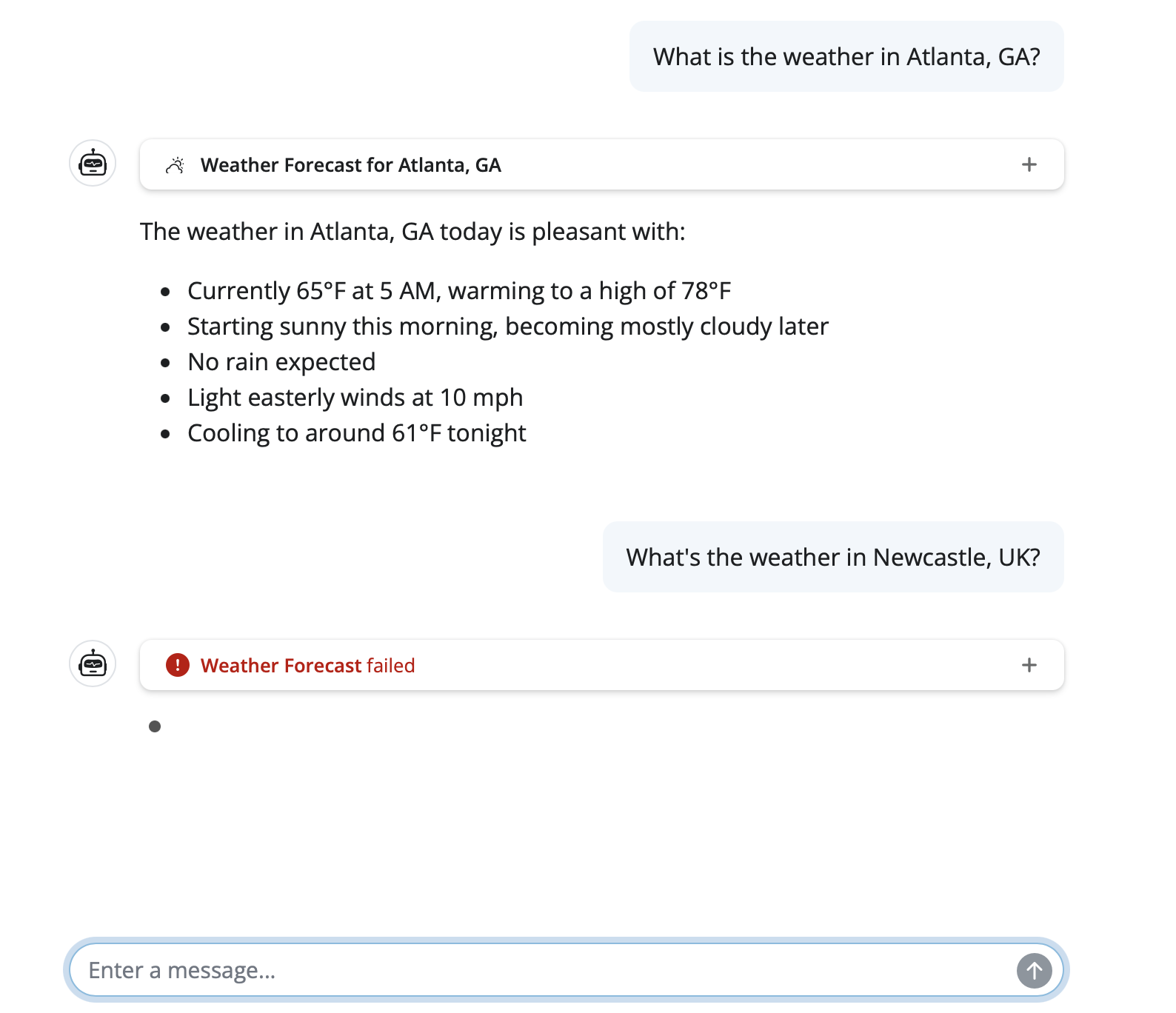 The running chat application, showing a successful weather query for Atlanta and a failed one for Newcastle.