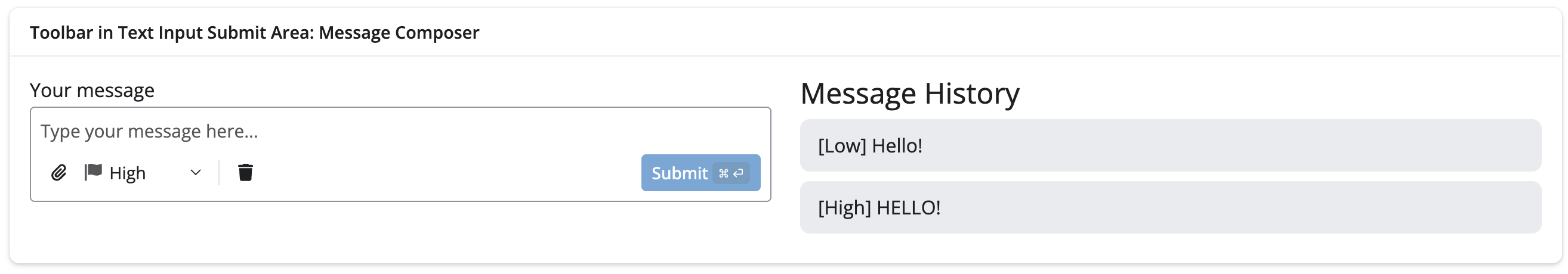 Message composer textarea with a submit-area toolbar (attach, priority flag, delete) and a Submit button, beside a message history panel.