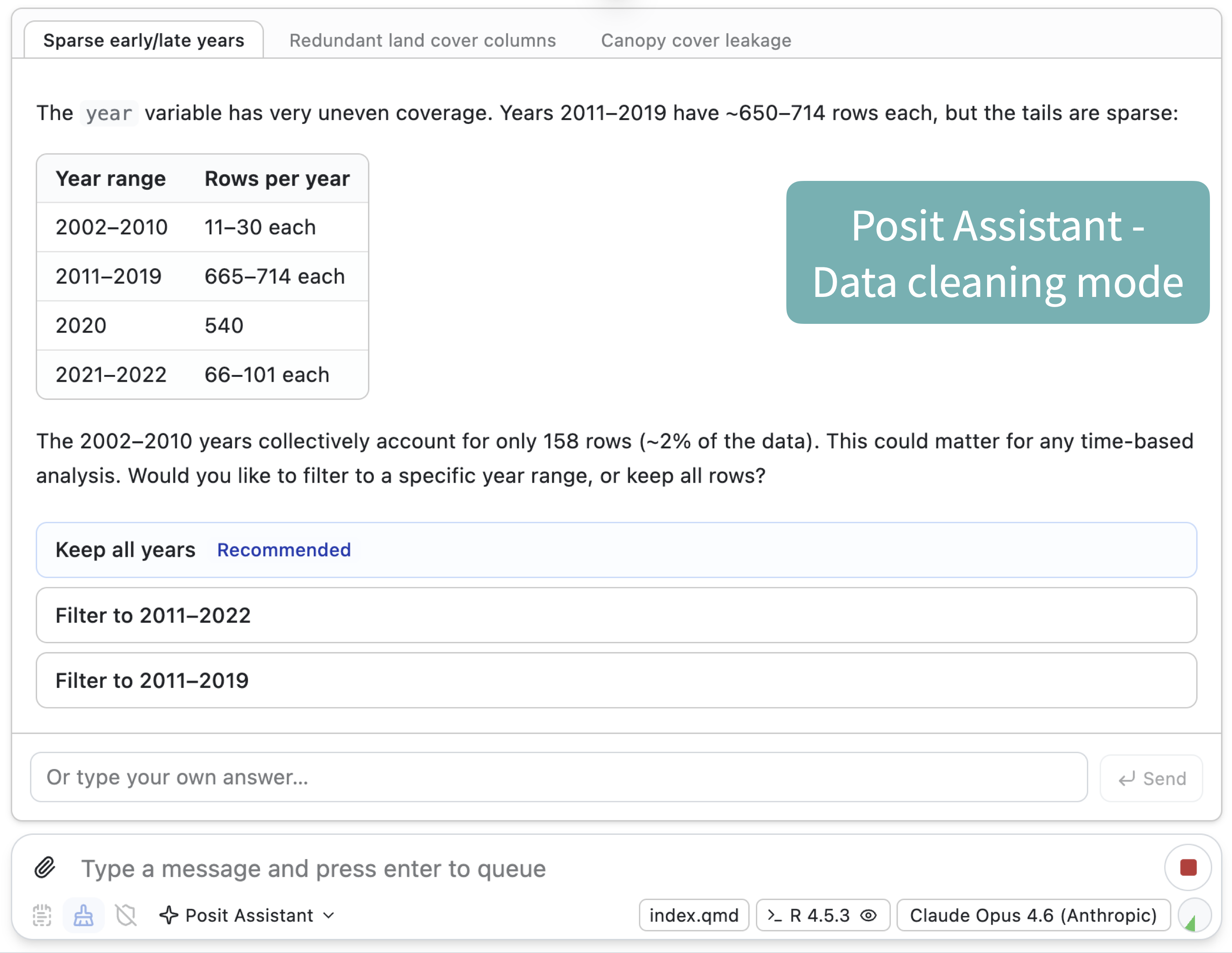 Posit Assistant in data cleaning mode, surfacing questions to the user. Screenshot of Posit Assistant’s data cleaning mode, showing a tabbed interface with issues like ‘Sparse early/late years’. The assistant presents a table of row counts by year range, explains the imbalance, and offers actionable choices: keep all years, filter to 2011–2022, or filter to 2011–2019.