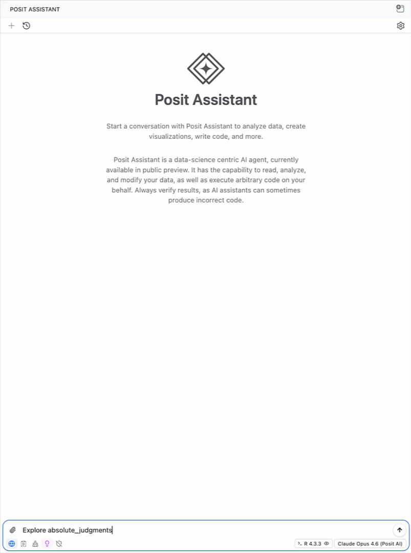 GIF of Posit Assistant carrying out some data analysis on the likeliness words data. Posit Assistant does three rounds of tool calls, summarizes what it found, and provides some suggestions.