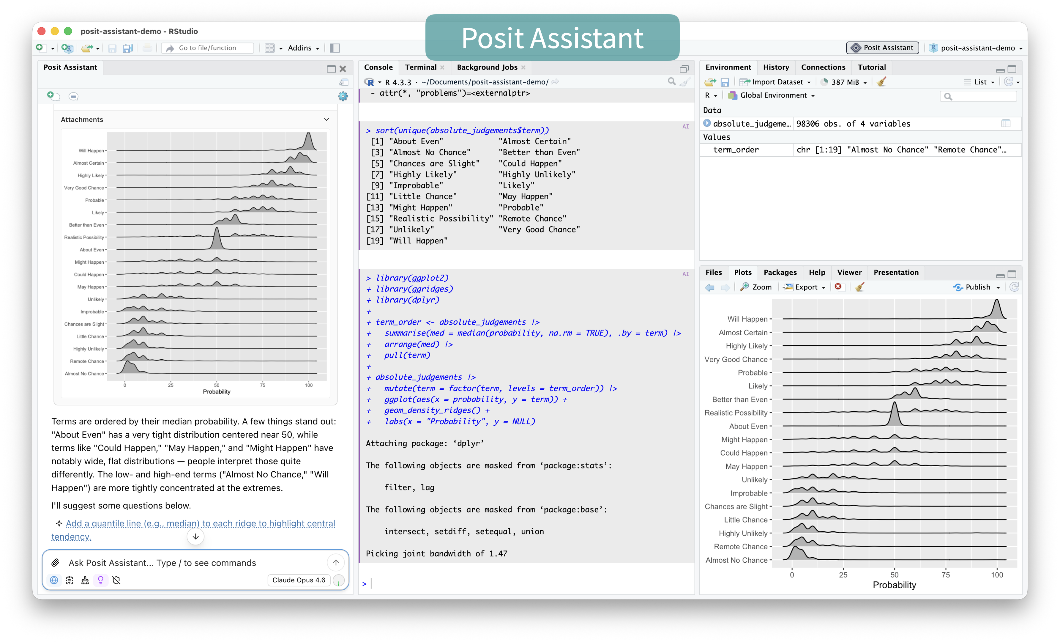 Posit Assistant displays plots directly in the chat, making them visible to both you and the model. Screenshot of Posit Assistant in RStudio displaying a plot directly in the chat panel, as well as in the plots pane, alongside the code that generated it.