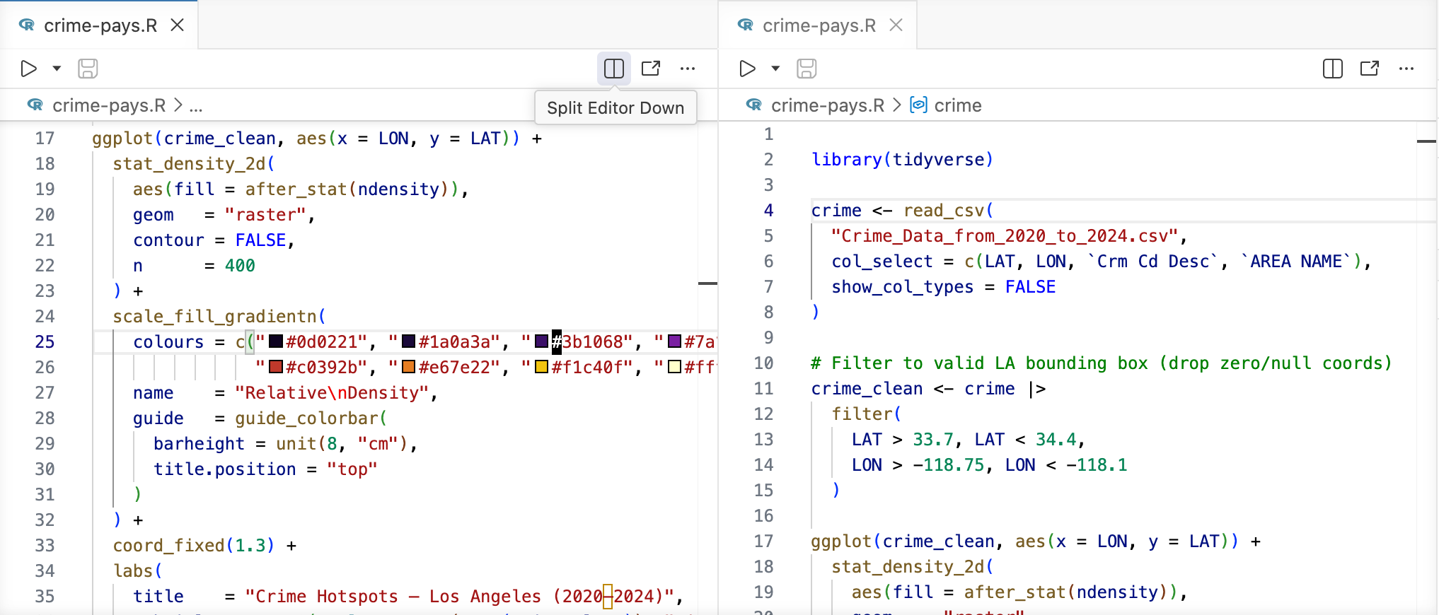 A single R script open in two different editor tabs