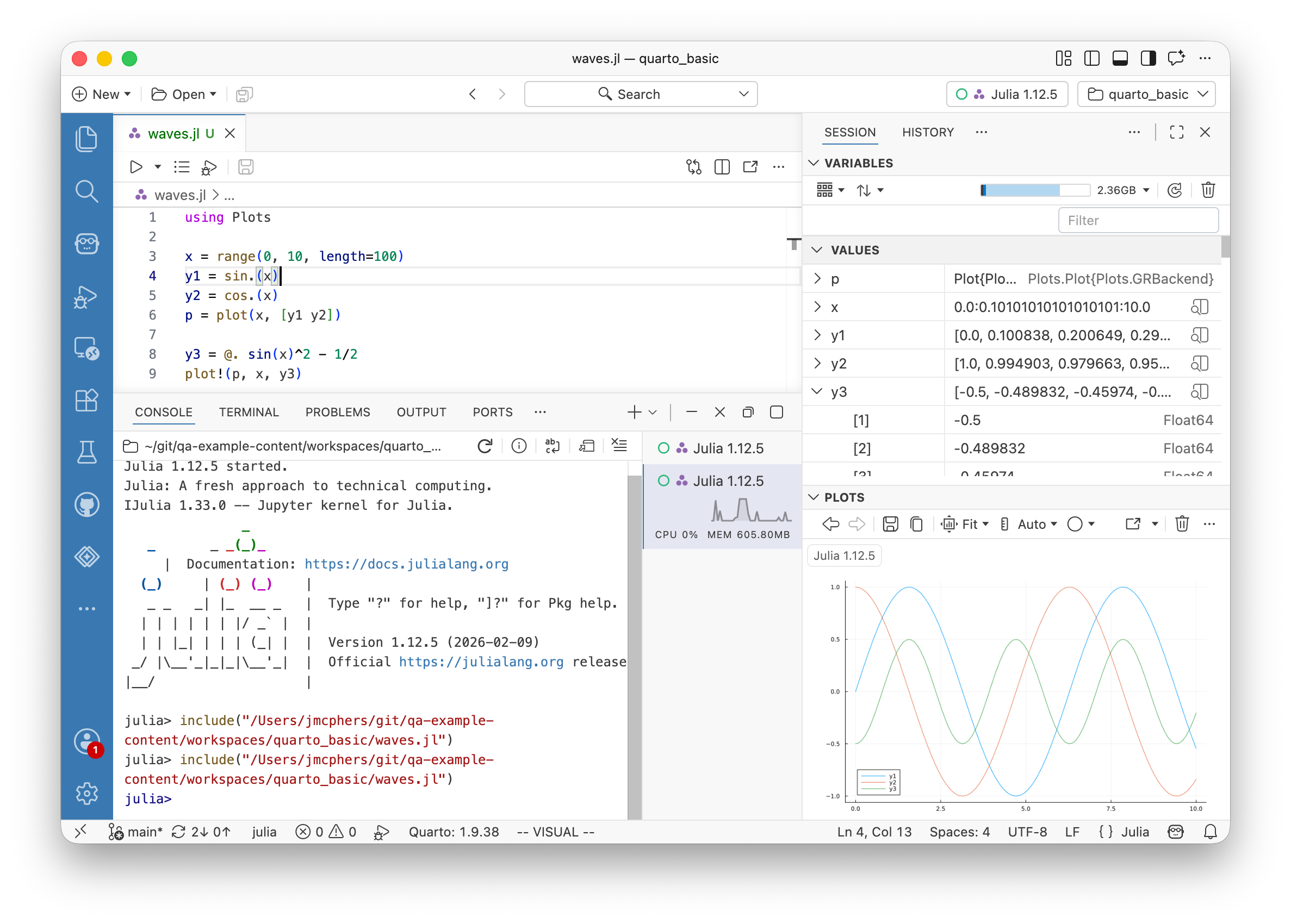 Positron running a Julia session