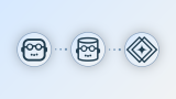 Three logos representing the three Posit agents, connected left to right by dotted lines: a robot face wearing goggles (Positron Assistant), a cylinder wearing goggles (Databot), and a four-pointed star inside two diamonds (Posit Assistant), suggesting a progression from one data science agent to the next.
