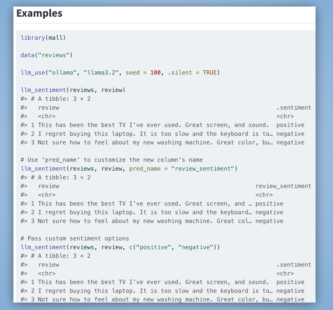 Examples rendered locally using Quarto freeze The rendered llm_sentiment() reference page on the mall website, showing the function description and executed example output.