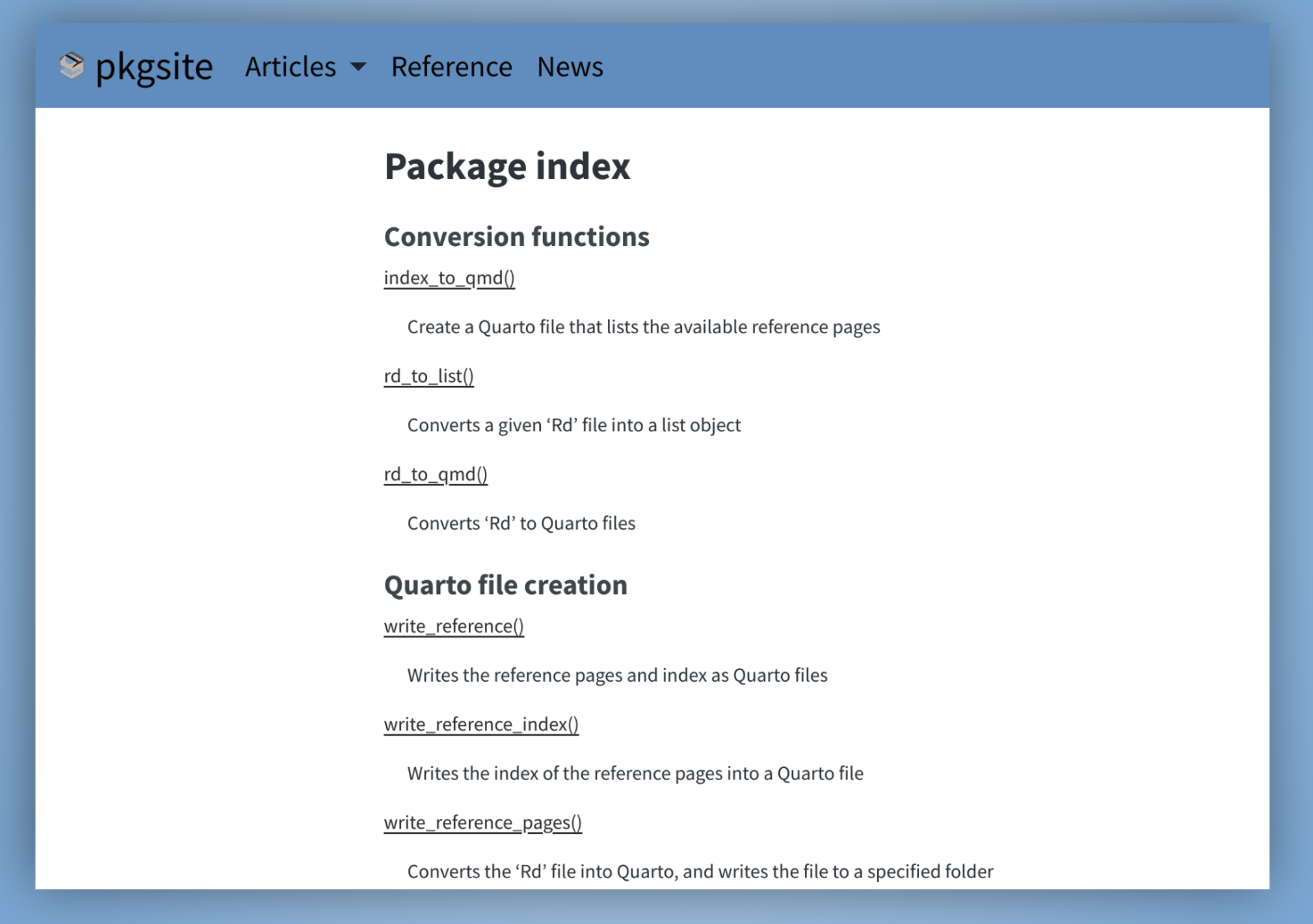 Group functions into sections in the YAML file The pkgsite reference index page, with exported functions organized into named sections like “Write files” and “Conversion”.