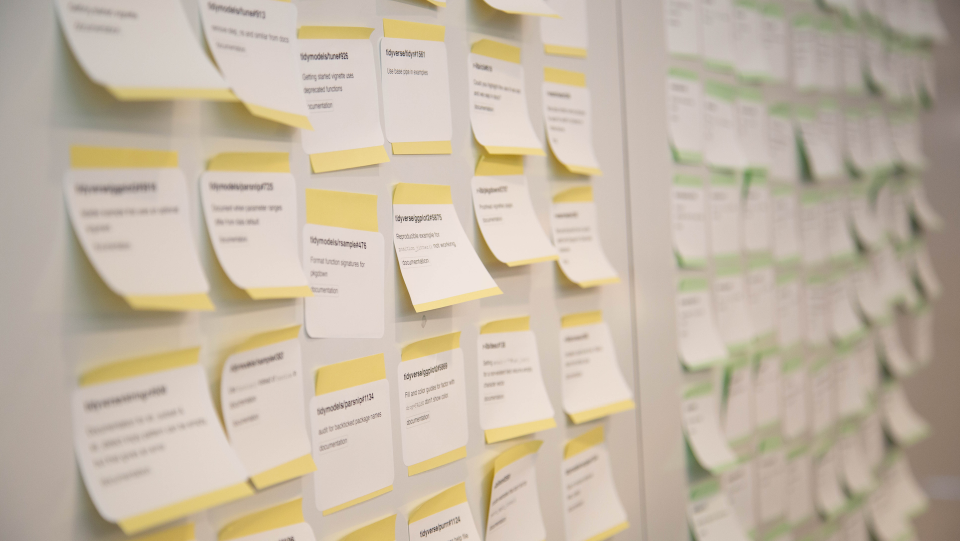 A photo of stickies with Tidy Dev Day issues on a wall